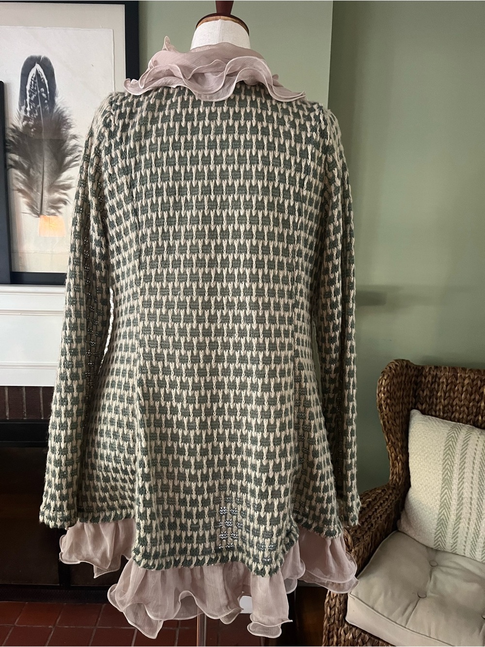 Ryu Open-Knit Cardigan Coat | Sage & Ivory | Blush Organza | 1X - Picture 4 of 9